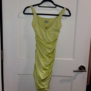 Oh Polly Less Is More Bodycon Ruched Plunge Mini Dress in Lime